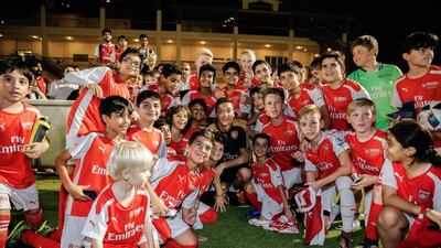 Mesut Ozil visits Arsenal Soccer School at The Sevens Stadium. Victor Besa for The National