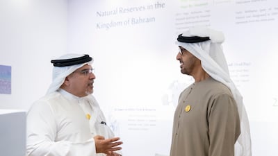 Sheikh Mohamed visits the Bahrain pavilion with Prince Salman. Rashed Al Mansoori / UAE Presidential Court