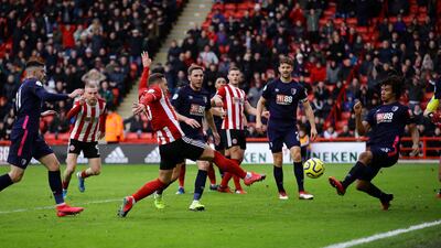 Billy Sharp of Sheffield United scores his team's first goal in the Premier League match against Bournemouth at Bramall Lane on February 09, 2020 in Sheffield, England. Getty Images