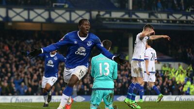 Romelu Lukaku of Everton celebrates scoring his team’s first goal during the FA Cup sixth round match between Everton and Chelsea at Goodison Park on March 12, 2016 in Liverpool, England. (Photo by Chris Brunskill/Getty Images)