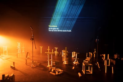 The audience takes over the stage in Nathan Ellis’s work.txt. Photo: Alex Brenner