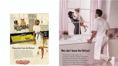 Side-by-side here is a real advertisement from the 1940s, left, and then a work by Eli Rezkallah, right, where the gender roles are reversed. The idea that women belong in the kitchen may be more than 70 years old, but sexist ads such as these still affect how we see gender roles today – or so photographer Eli Rezkallah believes. Eli Razkallah produced by Plastik Studios 2018