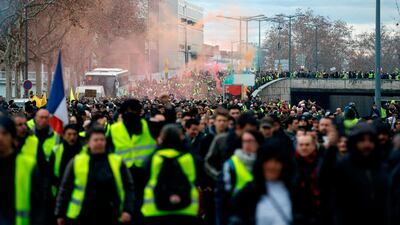 Yellow Vest (Gilets Jaunes) protesters rally in Lyon on February 9, 2019 as they take to the streets for the 13th consecutive Saturday. AFP