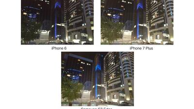 Neon lights shine in an Abu Dhabi street. The blue stands out more with the S7 Edge. Delores Johnson / The National