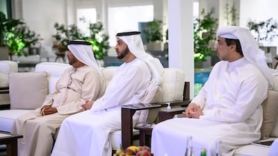 Sheikh Mansour bin Zayed, Deputy Prime Minister and Minister of the Presidential Court; Sheikh Hamdan bin Zayed, Ruler's representative in Al Dhafra region; and Sheikh Suroor bin Mohamed attend a meeting with with Delcy Rodriguez, Vice President of Venezuela (not shown), at Al Shati palace