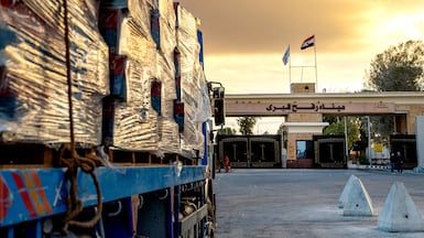 Lorries carrying aid enter Gaza through the Rafah border in October, 2025. Israel had kept the crossing shut since a ceasefire began the same month. Getty Images