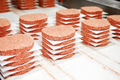 Freshly made meat-free burgers at the Impossible Foods factory, soon to be on menus in the UAE. Courtesy of Impossible Foods