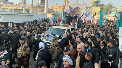 People gather at the funeral of Qassem Suleimani and the Iraqi militia commander Abu Mahdi al-Muhandis in Baghdad, Iraq. Reuters