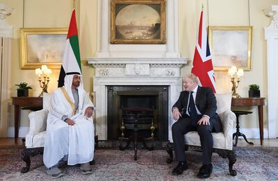 Sheikh Mohamed bin Zayed, Crown Prince of Abu Dhabi and Deputy Supreme Commander of the Armed Forces, with British Prime Minister Boris Johnson at 10 Downing Street in London in September 2021. EPA