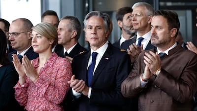 Canadian Minister for Foreign Affairs Melanie Joly, US Secretary of State Antony Blinken and Luxembourg's Minister for Foreign Affairs Xavier Bettel at the ceremony. AFP