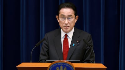 Japan's Prime Minister Fumio Kishida at his official residence in Tokyo on February 25, 2022. Japan announced additional sanctions against Russia in response to its attacks on Ukraine. AP