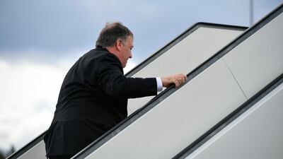 US Secretary of State Mike Pompeo boards a plane at Rovaniemi Airport in Rovaniemi, Finland, after taking part in the 11th Ministerial Meeting of the Arctic Council, Tuesday May 7, 2019. AP