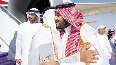 President Sheikh Mohamed is welcomed by Prince Mohammed