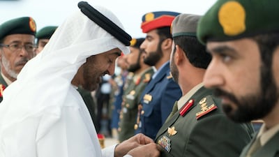 Sheikh Mohamed bin Zayed presents members of the UAE Armed Forces with Medals of Bravery and Medals of Glory, during the Sea Palace barza. Rashed Al Mansoori/Ministry of Presidential Affairs