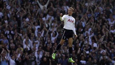 Tottenham's Dele Alli celebrates after scoring a goal against Watford at White Hart Lane in London on April 8, 2017. Tim Ireland / AP
