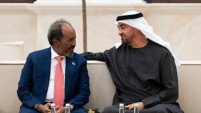 President Sheikh Mohamed with Hassan Sheikh Mohamud, President of Somalia, during an iftar reception at Al Bateen Palace. Abdulla Al Neyadi / UAE Presidential Court