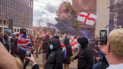 Far-right activists hold an anti-immigration protest under the motto 'Enough is Enough' in Sunderland, north-east England in 2024, when similar events led to riots across the UK. Getty Images