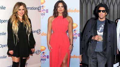 Left to right: pop stars Avril Lavigne, Demi Lovato and Jay Z have all recorded songs about mental health. AFP, EPA, Getty Images