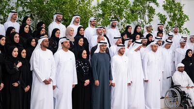 President Sheikh Mohamed meets representatives from the UAE's industrial sector. Dr Sultan Al Jaber, Minister of Industry and Advanced Technology, also attended the meeting. Abdulla Al Bedwawi / UAE Presidential Court