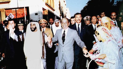 Sheikh Zayed walks in a Rabat street with the late Moroccan monarch, King Hassan II, during a visit to Morocco in 1980. AFP