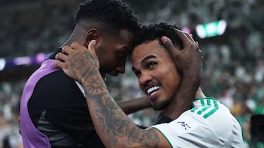 Galeno, right, celebrates after scoring Al Ahli's second goal in their 2-1 AFC Champions League quarter-final win over Johor Darul Ta'zim Jeddah. Getty Images