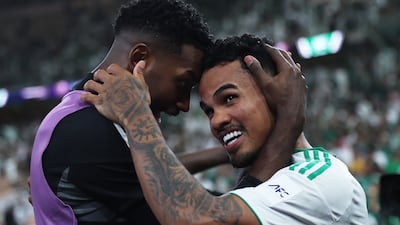 Galeno, right, of celebrates after scoring Al Ahli 's second goal in their 2-1 AFC Champions League quarter-finawin ocver Johor Darul Ta'zim Jeddah. Getty Images