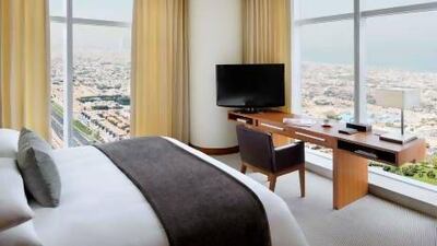 The hotel towers over Sheikh Zayed Road. Courtesy JW Marriot Marquis Dubai