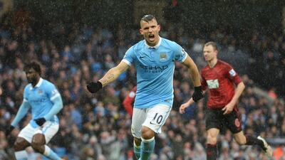 Sergio Aguero of Manchester City celebrates scoring his team’s first goal during the Premier League match between Manchester City and West Bromwich Albion at the Etihad Stadium on April 9, 2016 in Manchester, England. (Photo by Gareth Copley/Getty Images)