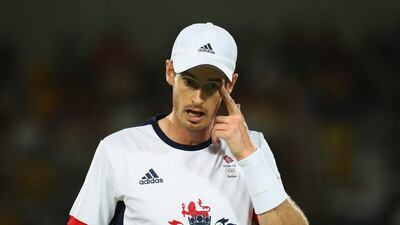 Andy Murray of Great Britain looks on during the men's singles gold medal match against Juan Martin del Potro of Argentina on Day 9 of the Rio 2016 Olympic Games at the Olympic Tennis Centre on Sunday. Clive Brunskill / Getty Images