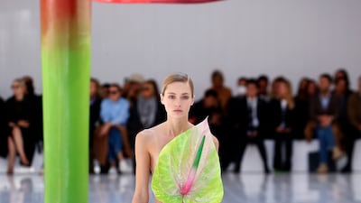 A top inspired by the anthurium flower, which was also the set-inspiration for the show, at Loewe spring/summer 2023. Getty