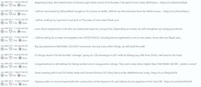 Although his account was deleted from Twitter, most of Donald Trump's tweets have been saved on TheTrumpArchive.com. Here's a look at some of the tweets from his first week in office.