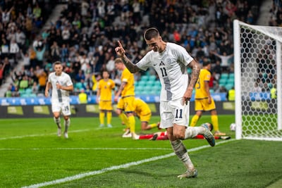 Benjamin Sesko scored a hat-trick for Slovenia against Kazakhstan. Getty Images