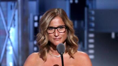 Melody Herzfeld, drama teacher at Marjorie Stoneman Douglas High School, accepts the award for excellence in theatre education at the 72nd annual Tony Awards at Radio City Music Hall. Michael Zorn / Invision / AP