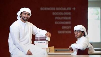 Sultan Nomani, left, and Hassan Al Redaini, international business and language students at Paris-Sorbonne Abu Dhabi, were looking for a more diverse education than one solely based on the US curriculum. Silvia Razgova / The National