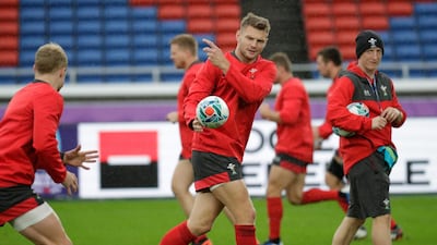 Wales' Dan Biggar passes the ball during training at the Yokohama International Stadium. AP