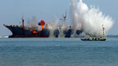 An illegal fishing vessel ‘Viking’ is sunk in the waters off Pangandaran, West Java province, Indonesia. Indonesia has sunk more than 150 foreign boats for fish poaching since President Joko Widodo came to power in 2014. Daenk / EPA