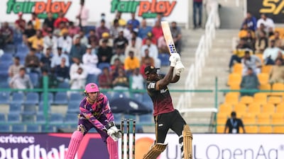 Rovman Powell smashed a spectacular 28-ball 76 to lead Northern Warriors to victory over Bangla Tigers in the Abu Dhabi T10 at Zayed Cricket Stadium on Sunday, November 27, 2022. – T10