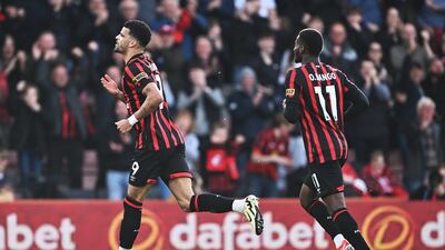Dominic Solanke of AFC Bournemouth celebrates scoring his team's first goal. Getty Images