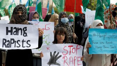 Women protest in the Pakistani capital Islamabad on September 11, 2020 over a gang rape on a deserted highway in Punjab province a few days earlier. AP Photo