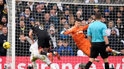 Leeds United goalkeeper Illan Meslier makes a save. AFP