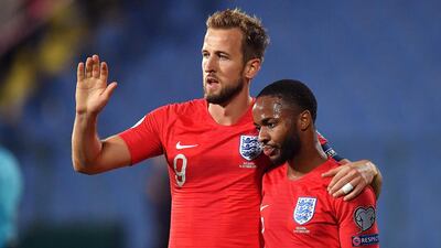 England's Raheem Sterling, right, after scoring against Bulgaria in the Euro 2020 qualifying Group A match at the Vassil Levski Stadium in Sofia. EPA