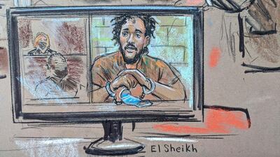 El Shafee Elsheikh is shown on a screen during a virtual hearing in a court in Virginia, US, on Wednesday. Bill Hennessy via REUTERS.