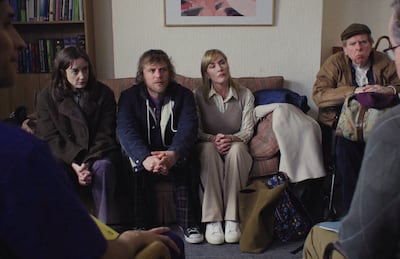 From left, Andrea Riseborough, Johnny Flynn, Kate Winslet and Timothy Spall in Goodbye June. Photo: Netflix