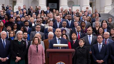 Democratic Representative from New York and House Democratic Caucus leader Hakeem Jeffries speaks in front of other members of Congress. EPA