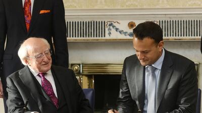 The Irish Taoiseach (Prime Minister) Leo Varadkar with President Michael D Higgins at Aras an Uachtarain dissolves the government in Dublin. Reuters