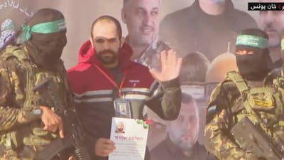 Israeli hostage Yarden Bibas is released in Khan Younis on February 1. Sky News Arabia screengrab