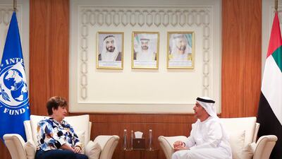 Khaled Balama, governor of the Central Bank of the UAE, met Kristalina Georgieva, managing director of the International Monetary Fund, in Abu Dhabi to explore bilateral relations between the two parties. Photo: CBUAE