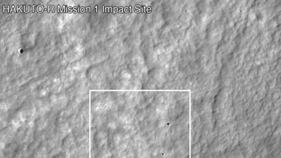 Hakuto-R Mission 1 Lunar Lander impact site, as seen by LROC the day after the attempted landing. Nasa / GSFC / Arizona State University