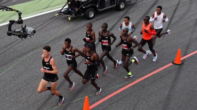 R-L) Eliud, Kipchoge, Zersenay, Tadese, and Lelisa Desisa run during the Nike Breaking2: Sub-Two Marathon Attempt at Autodromo di Monza on May 6, 2017 in Monza, Italy. (Photo by Pier Marco Tacca/Getty Images)