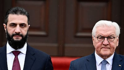 Syrian President Ahmad Al Shara is welcomed by German President Frank-Walter Steinmeier in Berlin. AFP